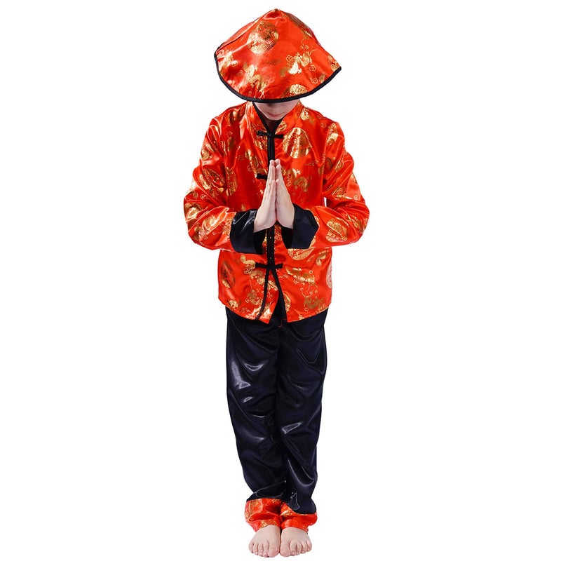 PGOND Boys Red Traditional Chinese Dragon Kung Fu Costume With Hat (L) - Image 2